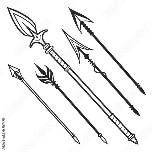 Collection of five distinct stylized spear and javelin weapon designs rendered in black and white silhouette against a clean white background showcasing intricate details and varied forms
