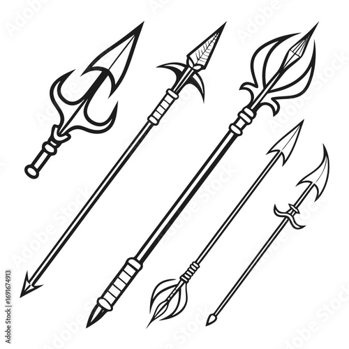 Collection of stylized black and white spear and trident weapon illustrations on a white background representing ancient combat and fantasy weaponry