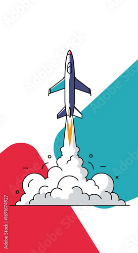 A sleek rocket ship ascends skyward amidst billowing white clouds representing a powerful and bold launch into the great unknown