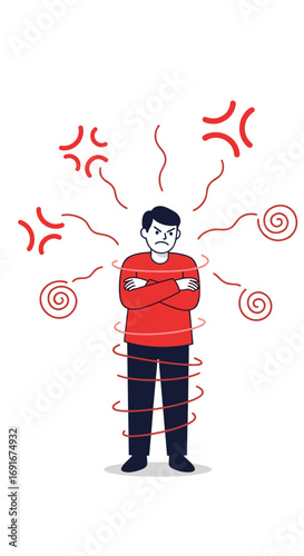 Illustrative representation of an angry frustrated person with arms crossed and swirling emotions emanating