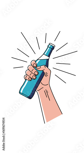A hand holding a glass bottle with a cap about to be opened with rays of light emanating outwards