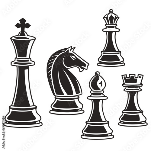 A collection of classic black and white chess pieces including the king queen knight bishop and rook arranged on a white background