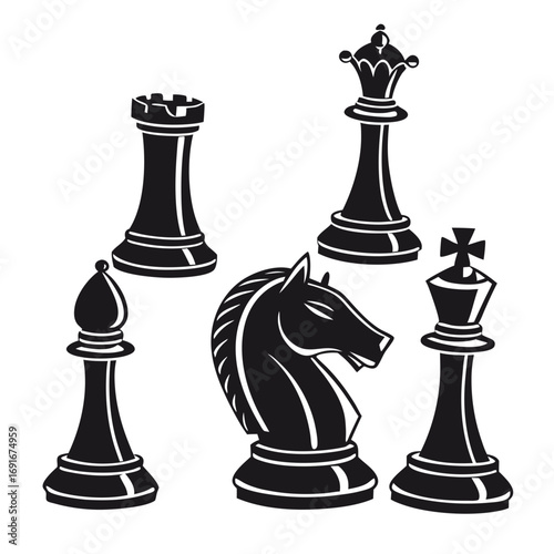Collection of iconic black chess pieces including the king queen rook bishop and knight isolated on a white background creating a classic strategic game concept