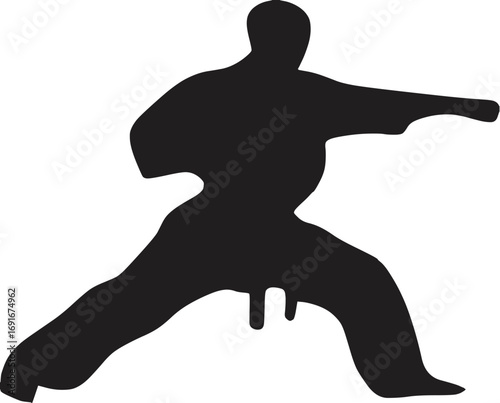 Silhouette of karate master performing defensive stance dynamic martial arts vector illustration