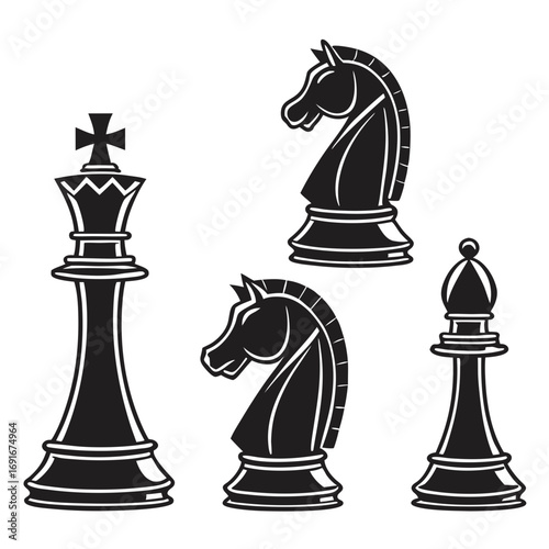 Iconic black and white chess pieces including a king two knights and a bishop presented as clean vector graphics on a white background