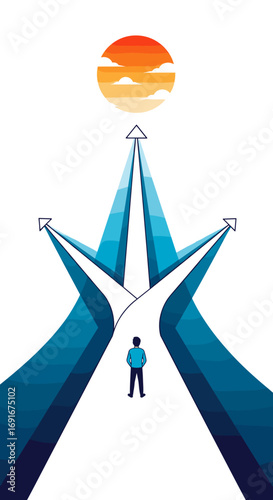 Person standing at a crossroads choosing a path toward a bright future and success