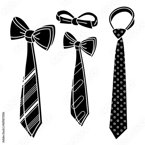 Collection of black and white silhouette illustrations of four different neckties and bow ties with various patterns including stripes and squares on a white background