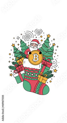 Festive santa claus presents bitcoin christmas stocking filled with gifts and green trees holiday celebration