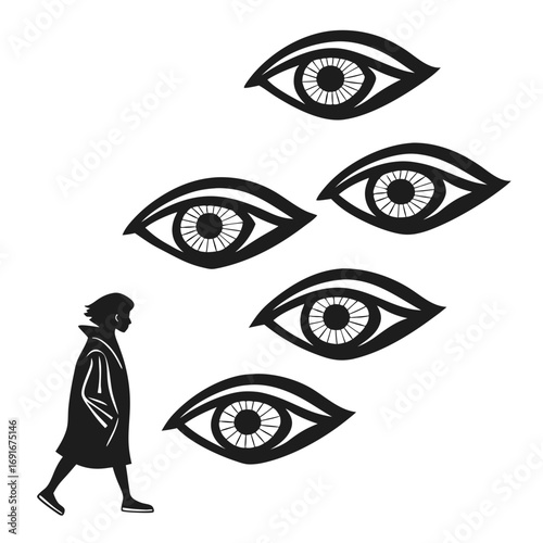 A solitary figure walks past a series of watchful eyes symbolizing surveillance observation or being under scrutiny in a modern minimalist style