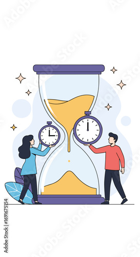 Time management concept with people holding clocks near large hourglass