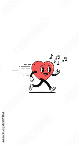 Retro heart character dancing and running with music notes illustration