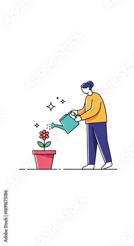 Person tending to a flowering plant in a pot with a watering can showering it with water