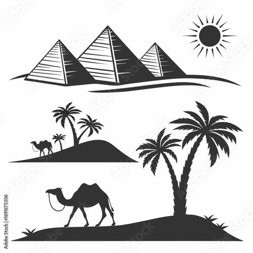 Iconic egyptian desert landscape featuring pyramids camels and palm trees under a bright sun perfect for travel and cultural themes