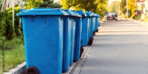 A row of blue recycling bins sit curbside, ready for collection on a sunny morning.