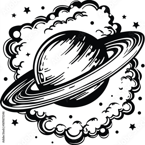Saturn Planet Icon with Rings, Stars, and Clouds, Vector, in Black and White Design