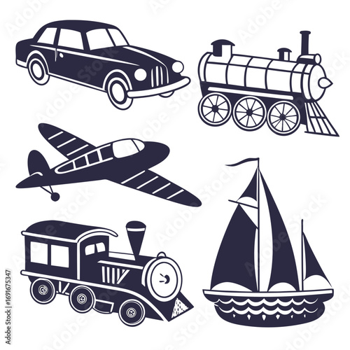 Collection of stylized dark blue silhouettes of transportation vehicles including a classic car an airplane two trains and a sailboat on a white background