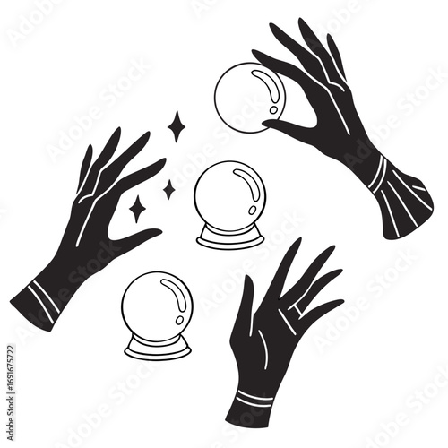 Mystical hands reaching towards and holding crystal balls with sparkling stars representing fortune telling and magic