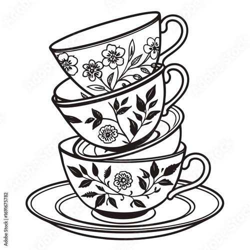 A stack of four delicate teacups with elegant floral patterns each adorned with blooming flowers and leaves presented in a charming black and white illustration