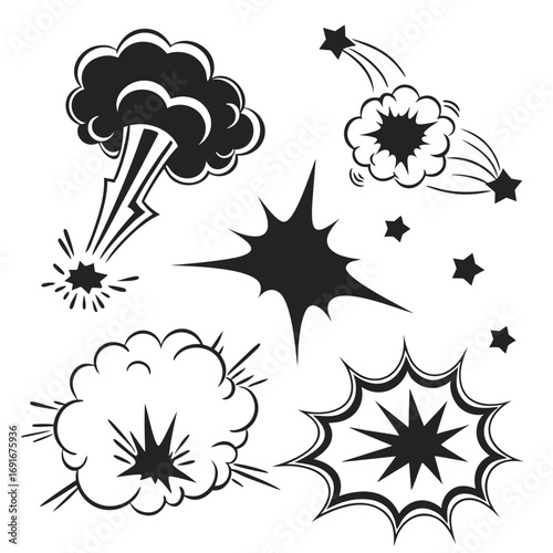 Collection of black and white comic book style explosion and impact sound effect graphics including stars and smoke clouds on a white background