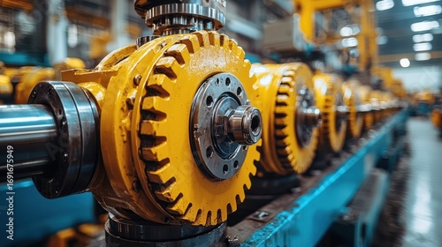 Closeup industrial gears on production line