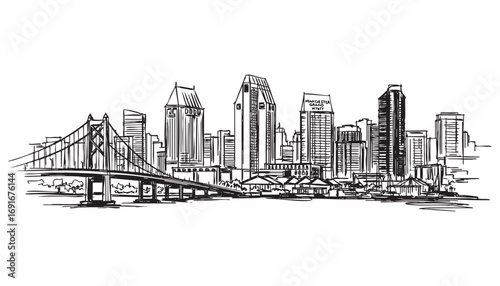 San Diego, California cityscape landscape building abstract brush vector illustration