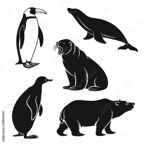 Collection of black silhouette illustrations of arctic and antarctic animals including penguins a seal a walrus and a polar bear on a white background