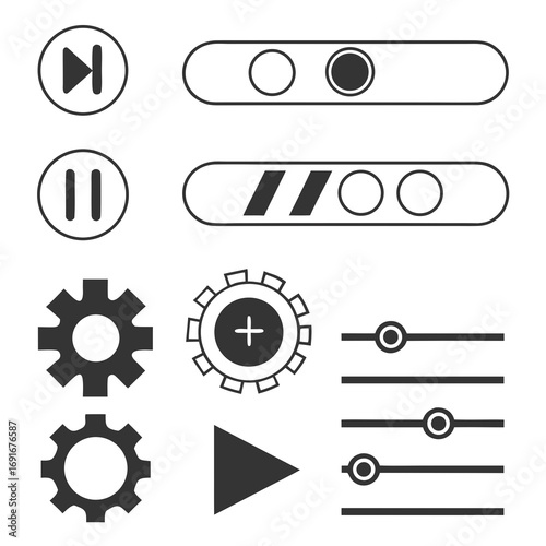 A collection of simple modern flat icons representing media playback controls settings and adjustments perfect for user interface design and digital applications