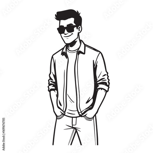 Handsome Man Black and White Illustration Vector Image Male Portrait Fashion Sketch Line Art Design	
