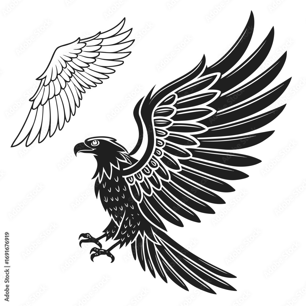 Obraz premium Stylized black silhouette of a majestic eagle in flight with outstretched wings and talons accompanied by a separate pair of detailed wings perfect for emblems and graphic design