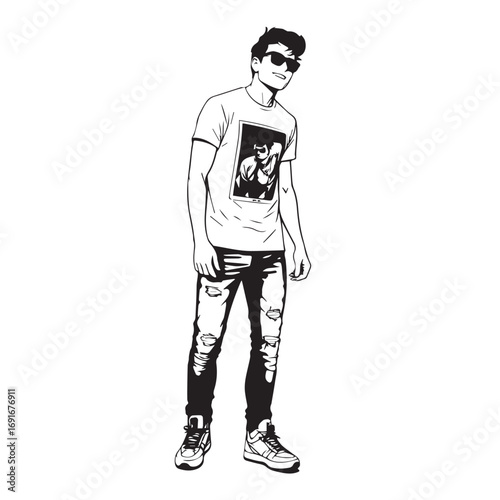 Handsome Man Black and White Illustration Vector Image Male Portrait Fashion Sketch Line Art Design	
