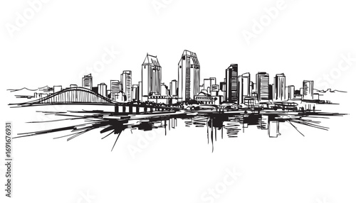 San Diego, California cityscape landscape building abstract brush vector illustration