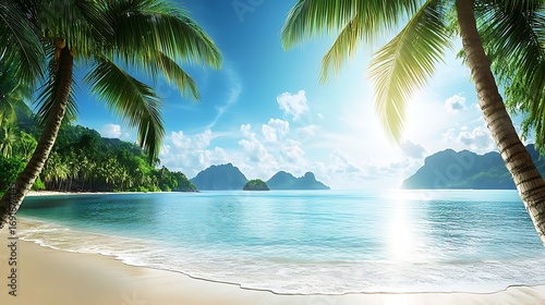 Scenic tropical paradise beach with palm trees and bright sun over a calm turquoise sea