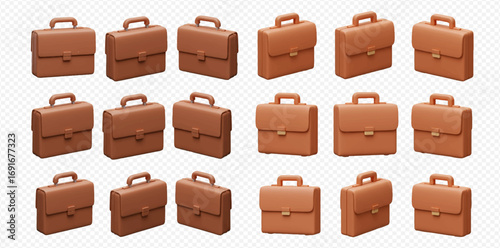 Multiple brown leather briefcases are arranged in a grid pattern against a transparent background.