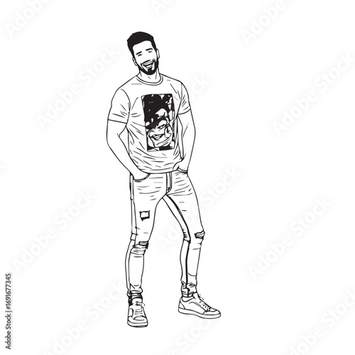 Handsome Man Black and White Illustration Vector Image Male Portrait Fashion Sketch Line Art Design	
