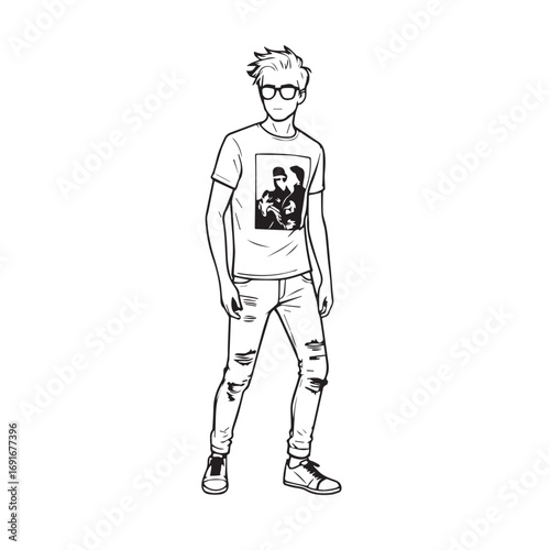 Handsome Man Black and White Illustration Vector Image Male Portrait Fashion Sketch Line Art Design	
