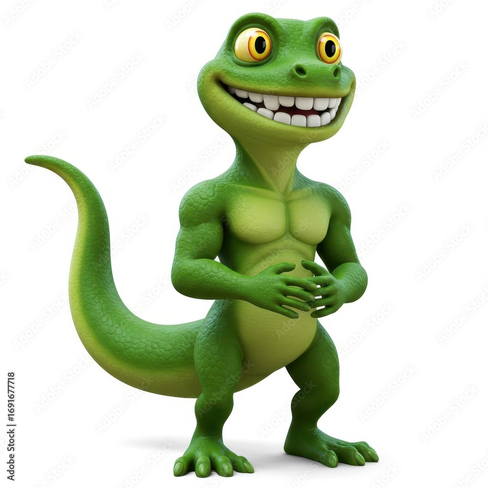 Fototapeta premium A cheerful, cartoon lizard with muscular physique stands confidently against a plain white background, displaying a joyful expression.