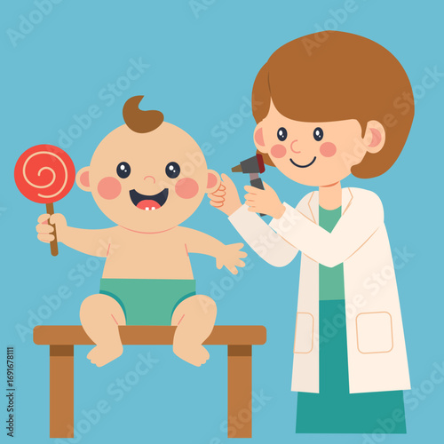 Pediatric doctor examining baby with otoscope – Children healthcare vector illustration
Doctor pediatra revisando a bebé con otoscopio – Ilustración vectorial de salud infantil