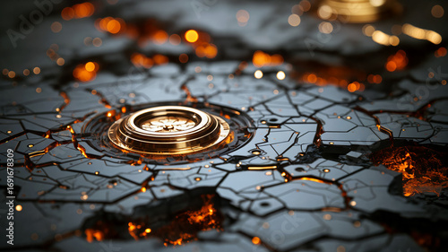 Glowing circular elements emerge from a dark, cracked surface, creating a striking contrast in this modern abstract design. Generative AI.