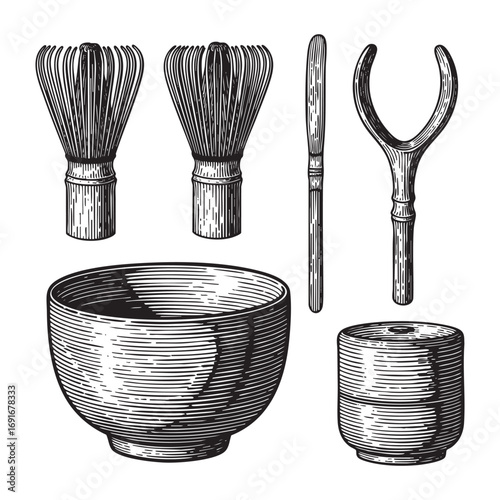 matcha tools engraving woodcut vector illustration 
