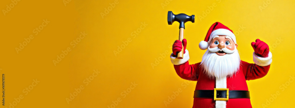 Fototapeta premium Cheerful Santa Claus toy in traditional red suit holding hammer in hand, standing against bright yellow background. Santa worker. Construction banner for Christmas holiday season with copy space.