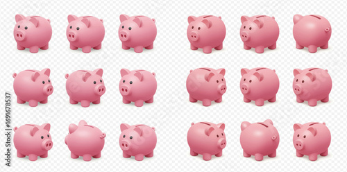 Multiple pink piggy banks arranged in a grid pattern on a transparent background.