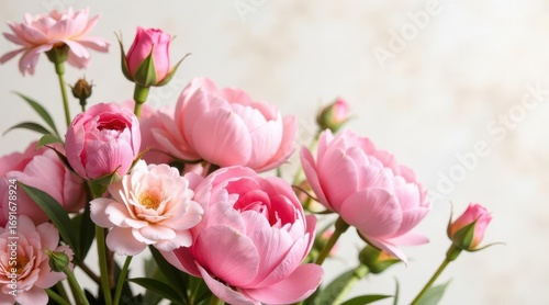 A Delicate Bouquet of Pink Roses in Full Bloom, Softly Illuminated Against a Neutral Background