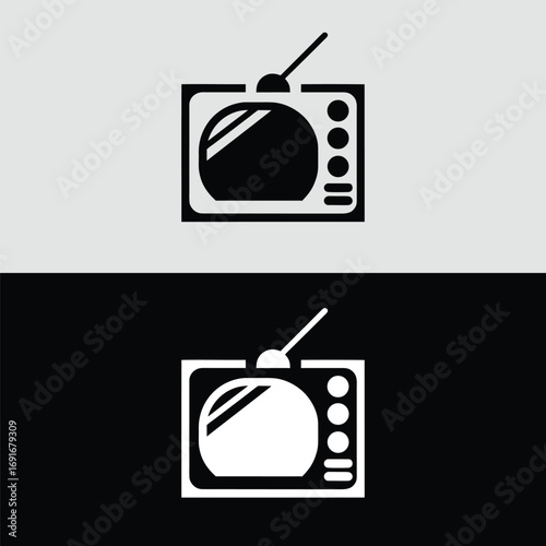 A retro television icon in black and white, showcasing a vintage design with an antenna and rounded screen, evoking nostalgia and classic entertainment isolated on white background