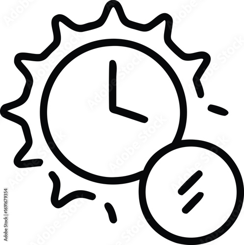 Sunrise time clock icon with equal sign in simple outline style