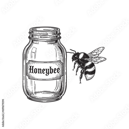 bee honey jar engraving woodcut vector illustration 