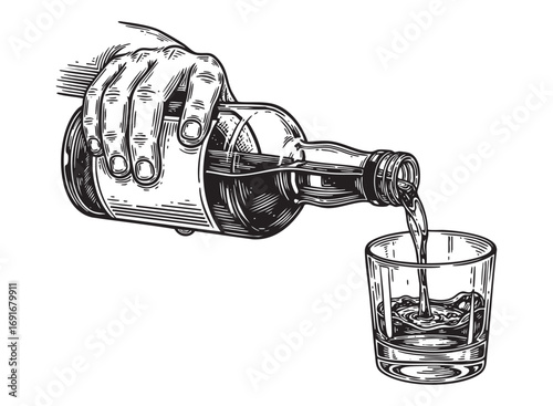 hand pouring whiskey bottle on glass engraving woodcut vector illustration 