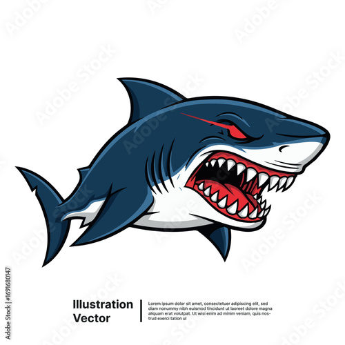 Aggressive blue shark mascot with angry red eyes and a powerful jaw full of sharp teeth