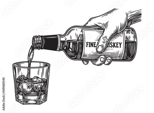hand pouring whiskey bottle on glass engraving woodcut vector illustration 