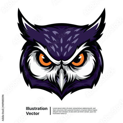 Intense Owl Mascot Head Illustration with Piercing Orange Eyes and Purple Plumage