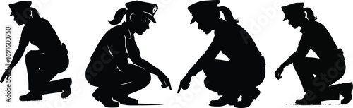 Four female police officers silhouettes in a crouching investigative pose set silhouette
